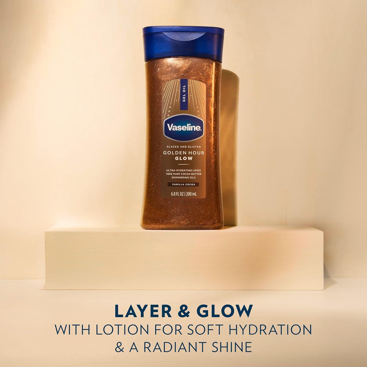 imageVaseline Glazed and Glisten Golden Hour Body Gel Oil Glow Vanilla Cocoa Shimmering with UltraHydrating Lipids and 100 Pure Cocoa Butter 68 Oz