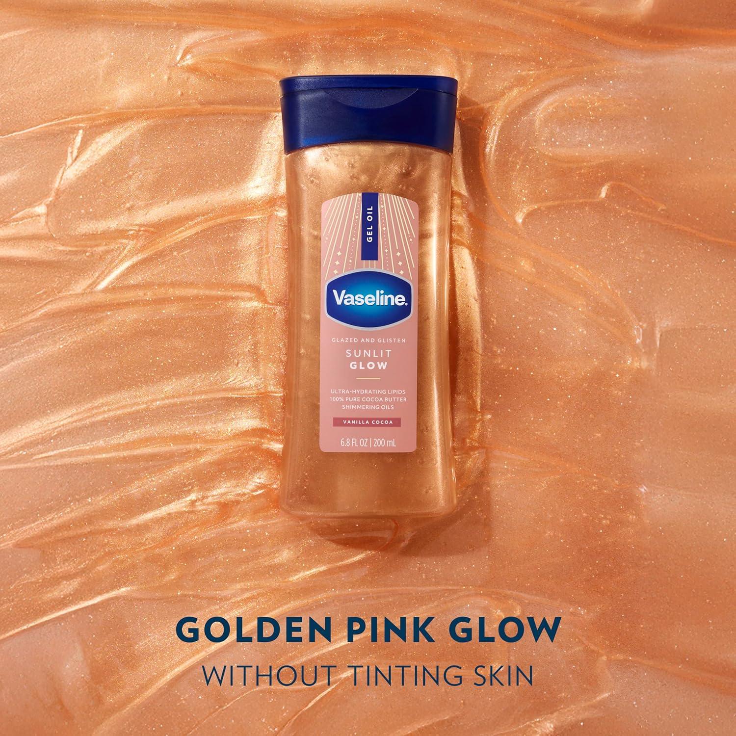 imageVaseline Glazed and Glisten Sunlit Glow Body Gel Oil Vanilla Cocoa Shimmering with UltraHydrating Lipids and 100 Pure Cocoa Butter 68 Oz