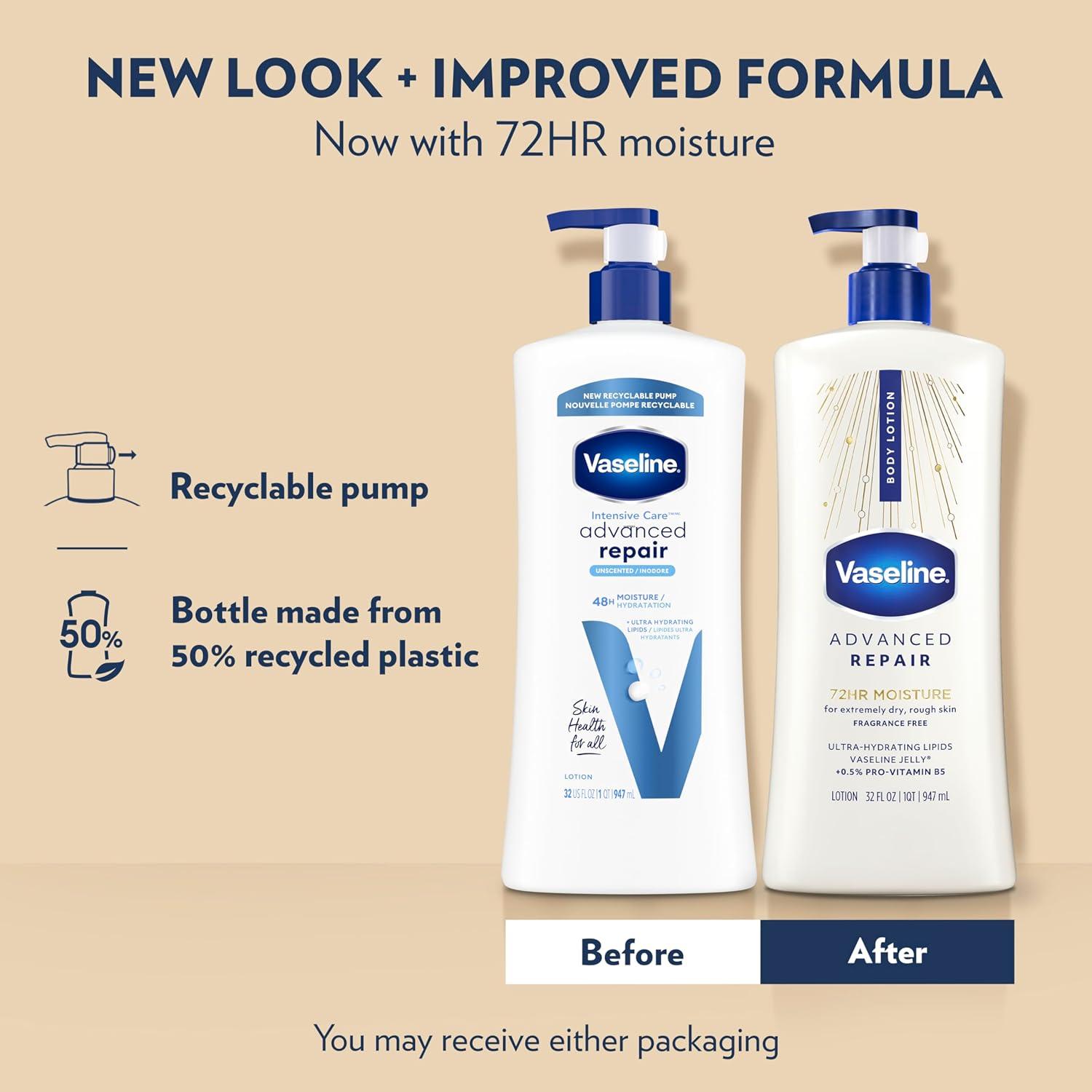 imageVaseline Intensive Care Body Lotion Advanced Repair Unscented for Dry Skin Lotion Made with UltraHydrating Lipids Vaseline Jelly to Repair Extremely Dry Skin 32 Fl oz