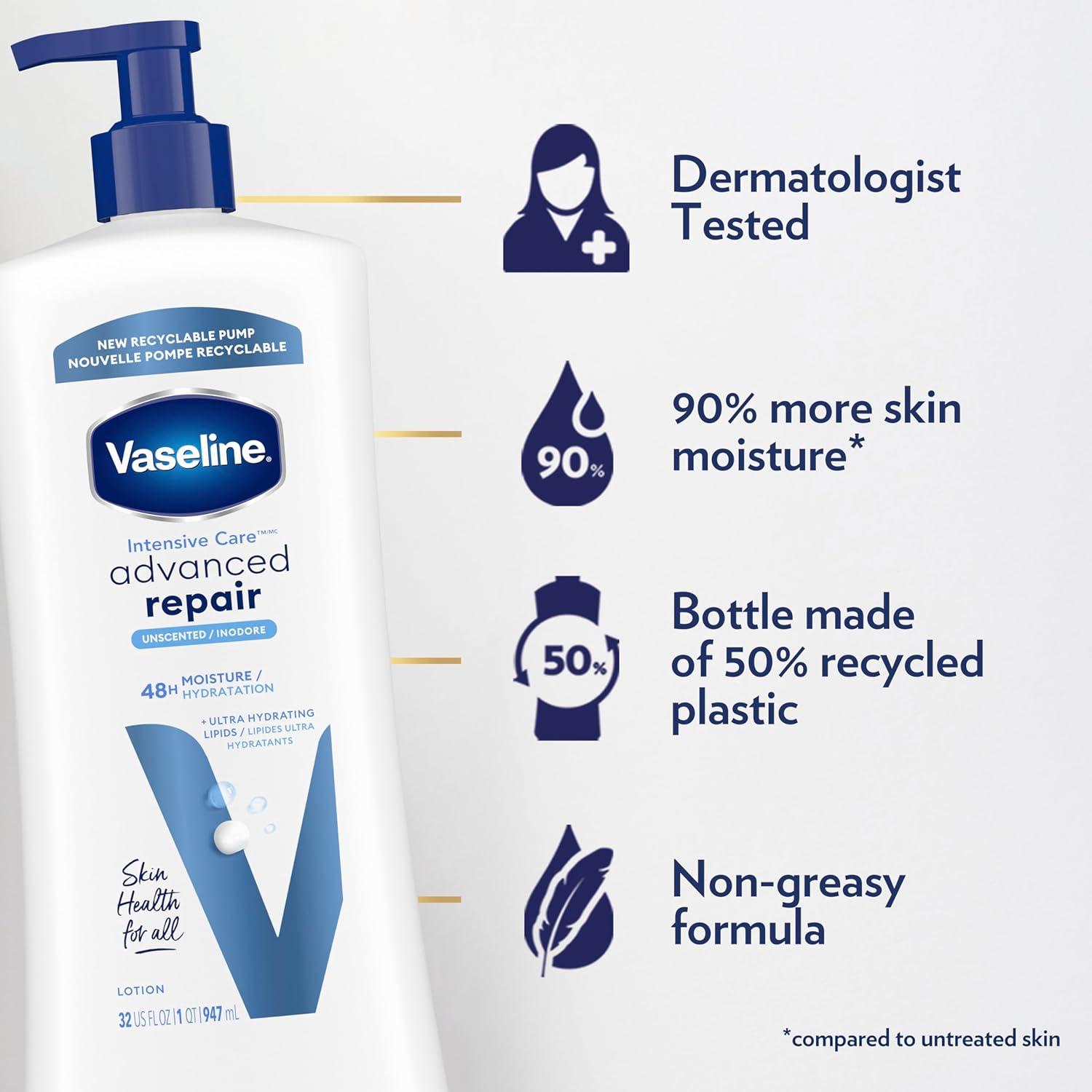 imageVaseline Intensive Care Body Lotion Advanced Repair Unscented for Dry Skin Lotion Made with UltraHydrating Lipids Vaseline Jelly to Repair Extremely Dry Skin 32 Fl oz