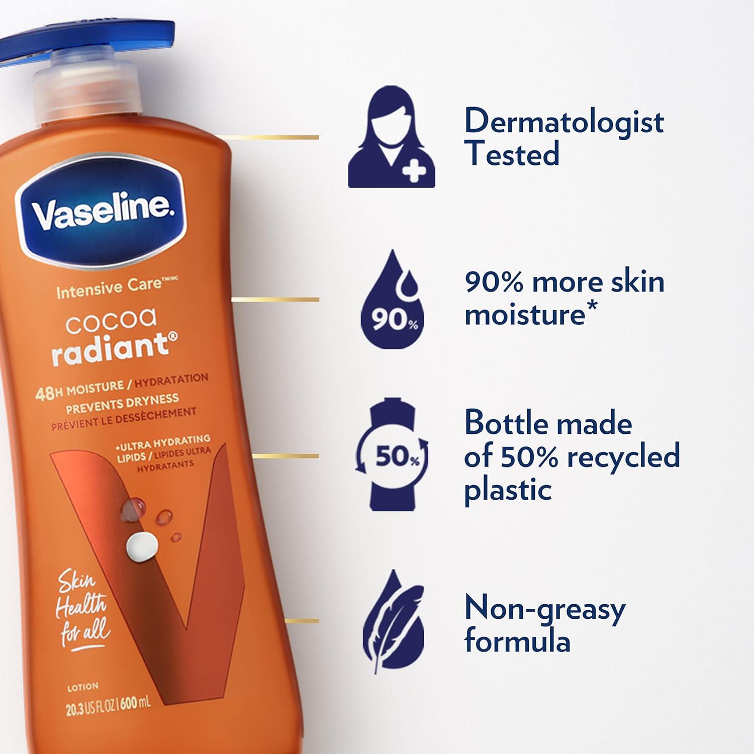 imageVaseline Intensive Care Body Lotion Cocoa Radiant 3 count for Dry Skin Lotion Made with UltraHydrating Lipids and Pure Cocoa Butter for a LongLasting Radiant Glow 203 Oz203 Fl Oz Pack of 4