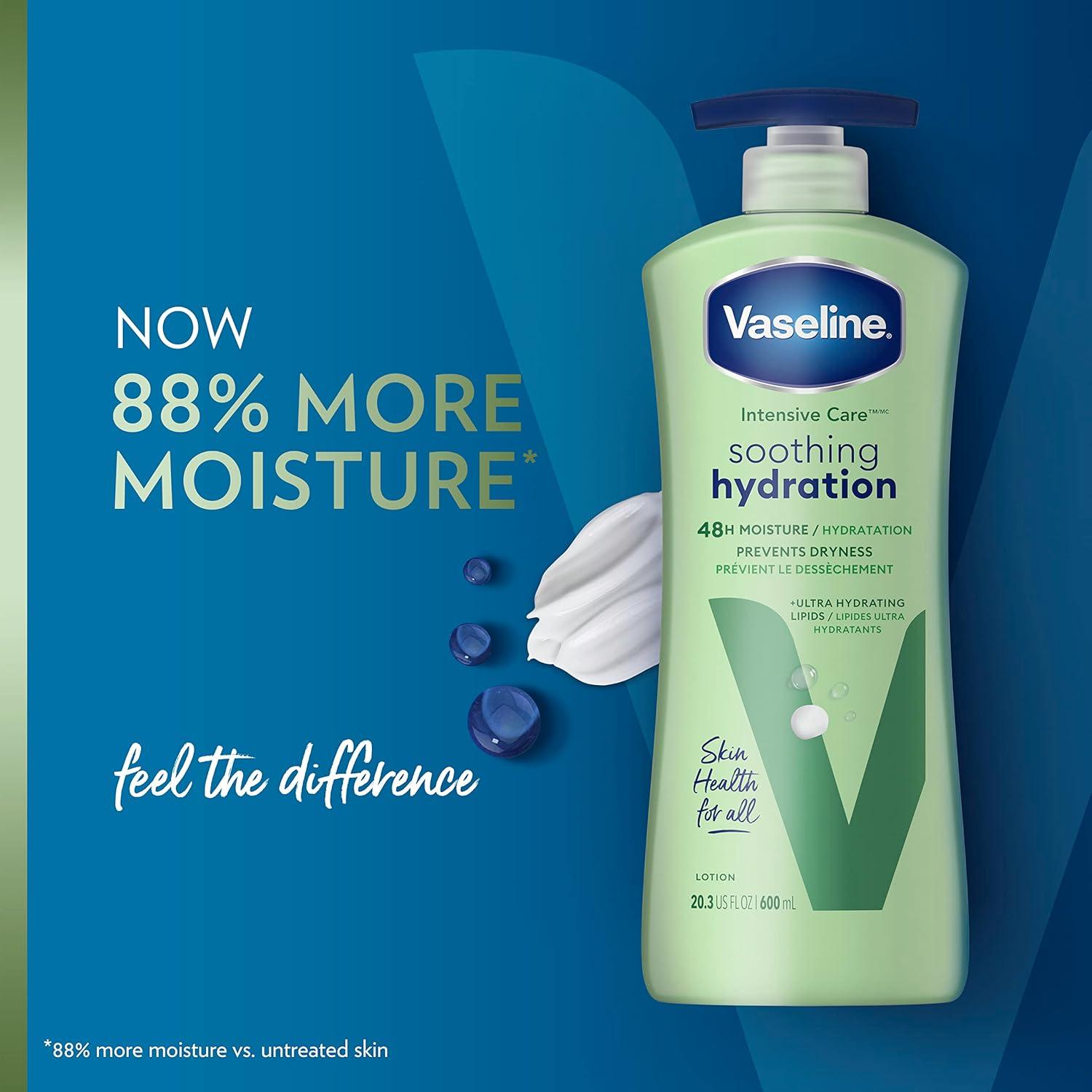 imageVaseline Intensive Care Body Lotion for Dry Skin Soothing Hydration Lotion Made with UltraHydrating Lipids 1 Aloe Vera Extract to Refresh Dehydrated Skin 203 oz Pack of 3 packaging May Vary203 Fl Oz Pack of 4