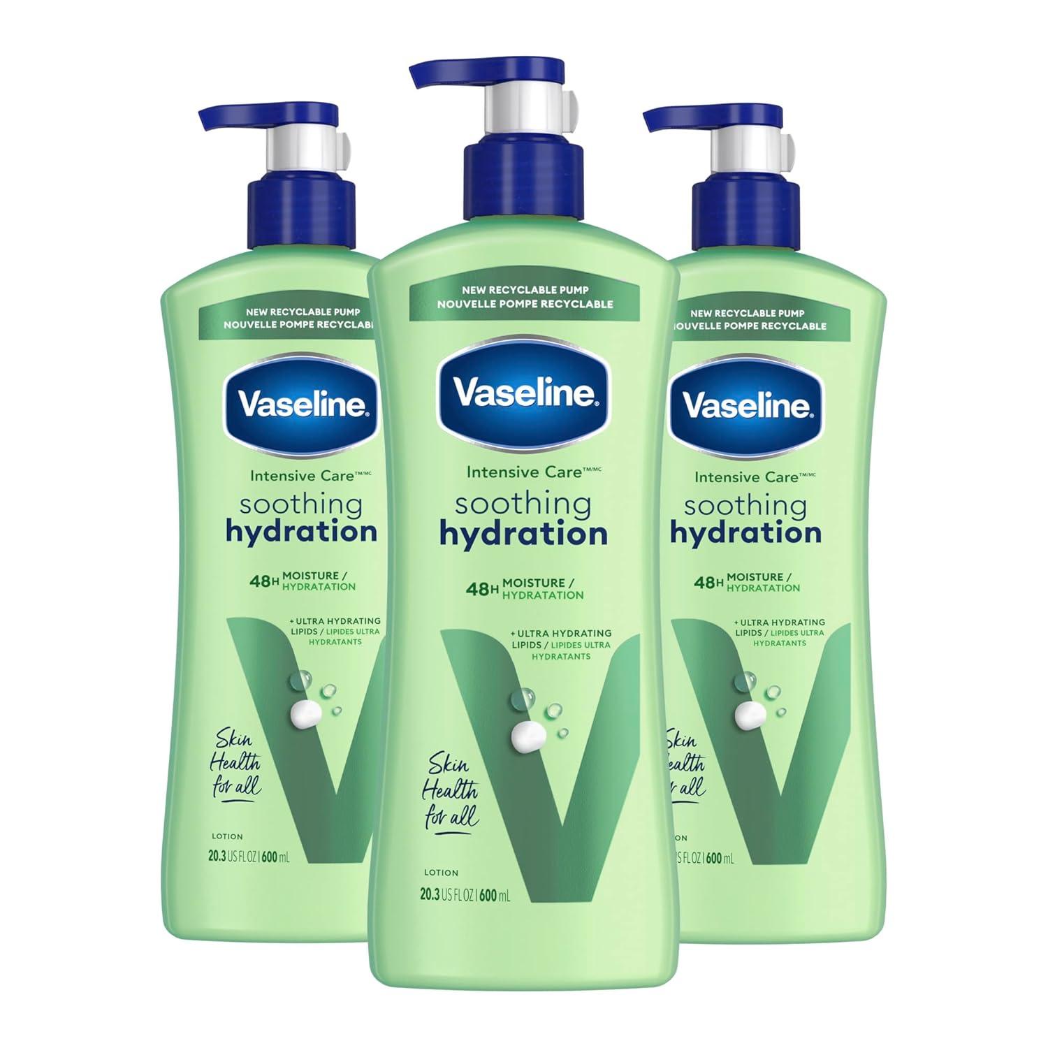 imageVaseline Intensive Care Body Lotion for Dry Skin Soothing Hydration Lotion Made with UltraHydrating Lipids 1 Aloe Vera Extract to Refresh Dehydrated Skin 203 oz Pack of 3 packaging May Vary203 Fl Oz Pack of 3