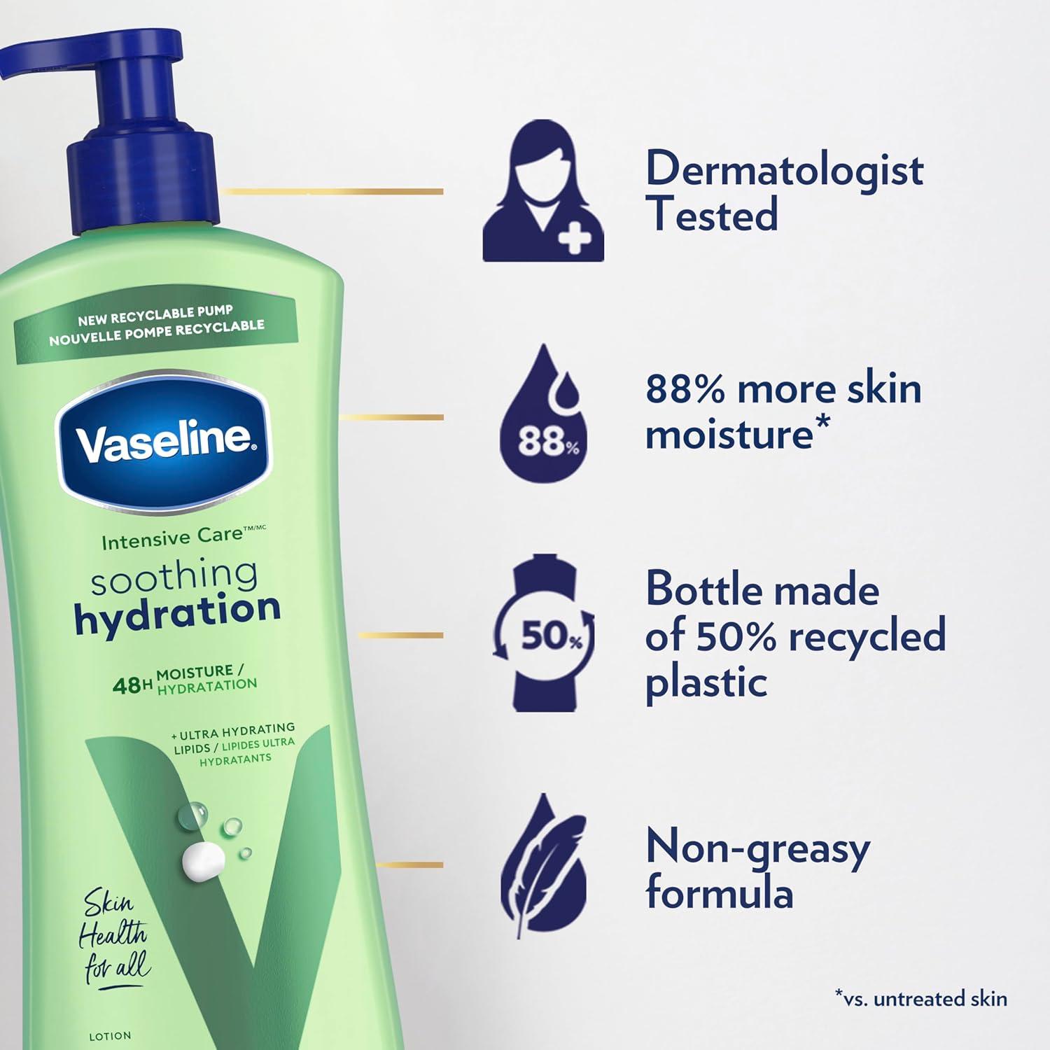 imageVaseline Intensive Care Body Lotion for Dry Skin Soothing Hydration Lotion Made with UltraHydrating Lipids 1 Aloe Vera Extract to Refresh Dehydrated Skin 203 oz Pack of 3 packaging May Vary203 Fl Oz Pack of 3