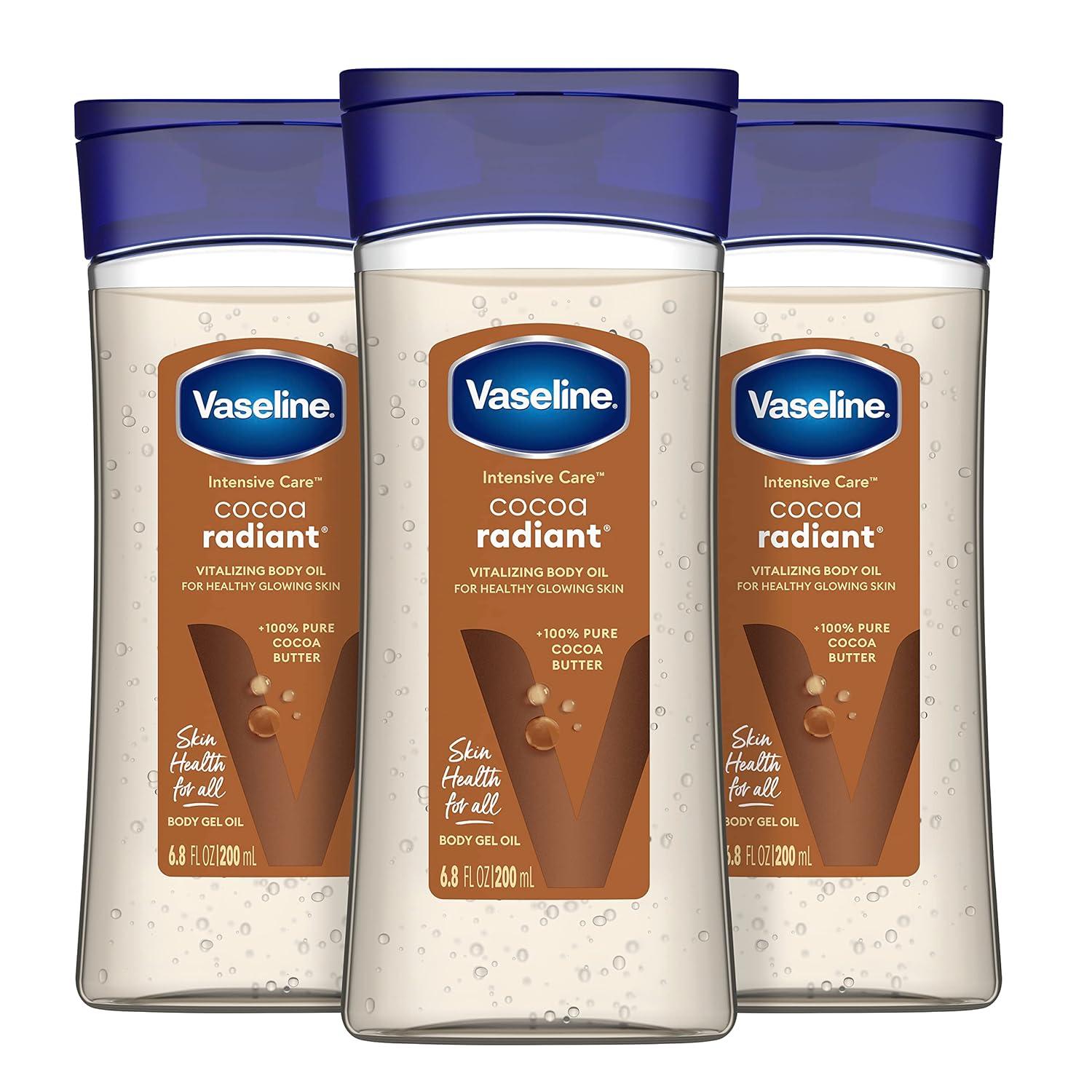 imageVaseline Intensive Care Cocoa Radiant Pack of 3 for Glowing Skin Body Gel Oil Made with Pure Cocoa Butter Replenishing Oils 68 ozFragranced