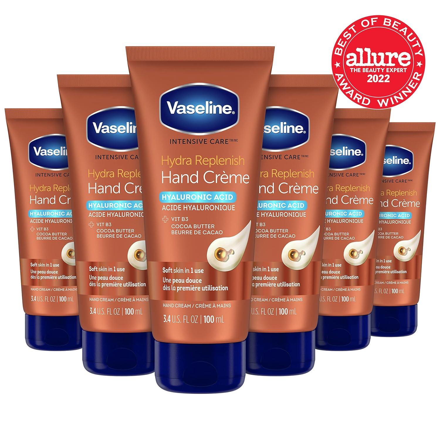 imageVaseline Intensive Care Hand Crme Moisturizer for Dry Hands Hydra Replenish Made with hyaluronic acid vitamin B3 and cocoa butter 34 oz 6 Count