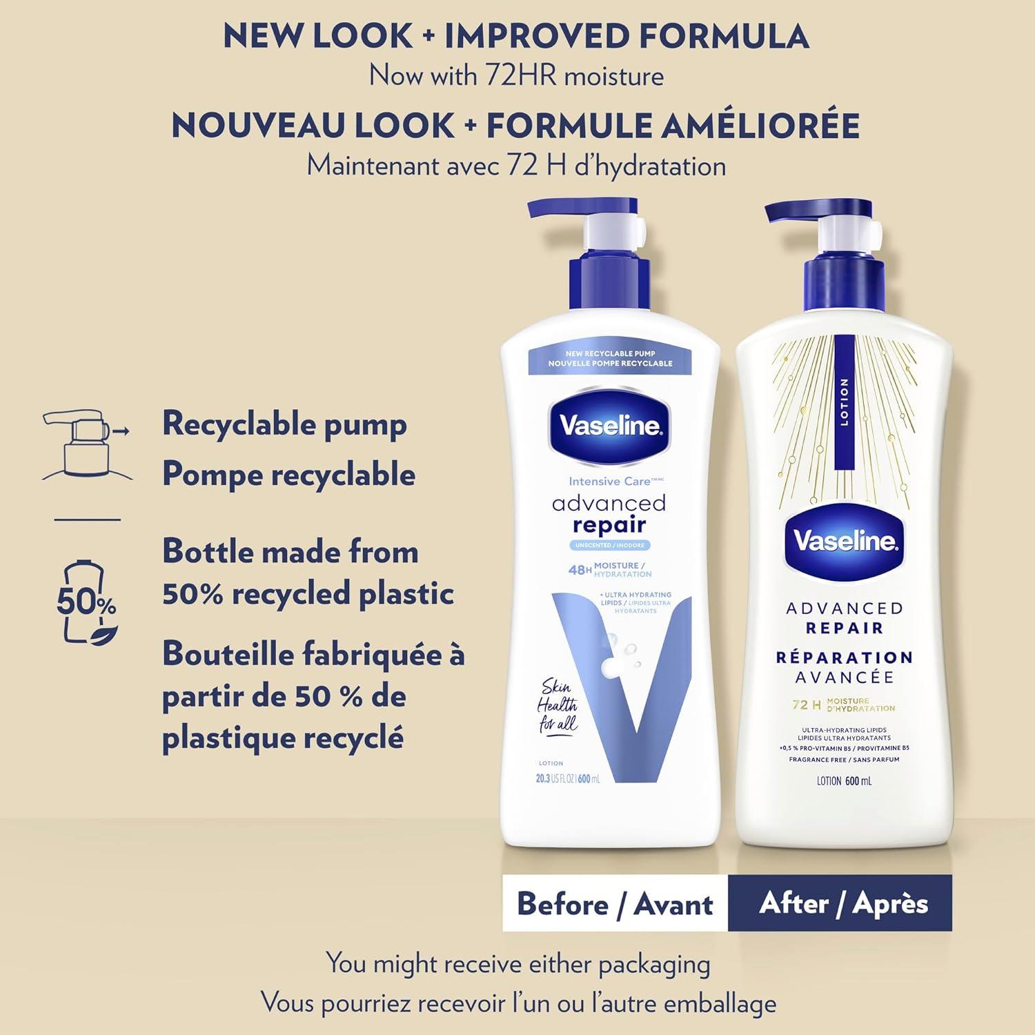 imageVaseline Intensive Care Unscented Advanced Repair Body Lotion UltraHydrating with Lipids for Extremely Dry Skin 203 oz Pack of 3Unscented