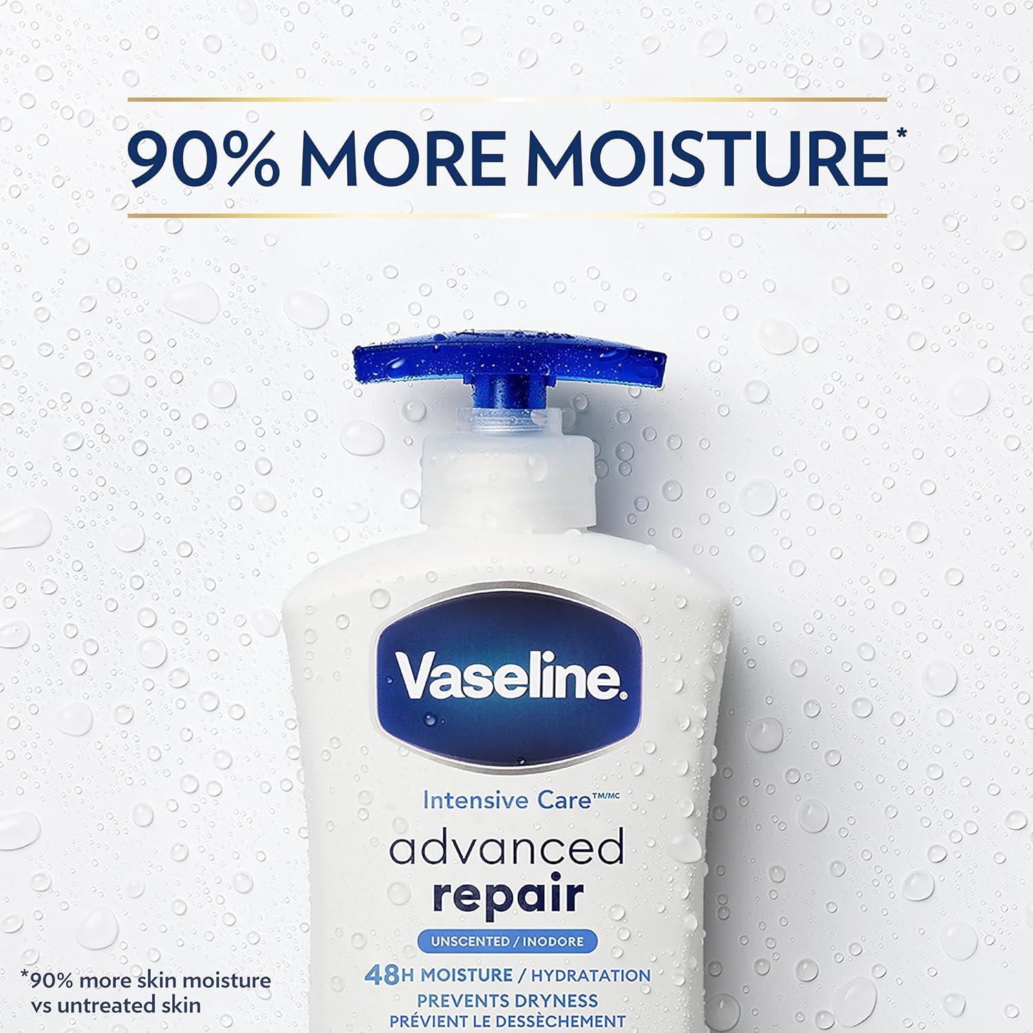 imageVaseline Intensive Care Unscented Advanced Repair Body Lotion UltraHydrating with Lipids for Extremely Dry Skin 203 oz Pack of 3Unscented
