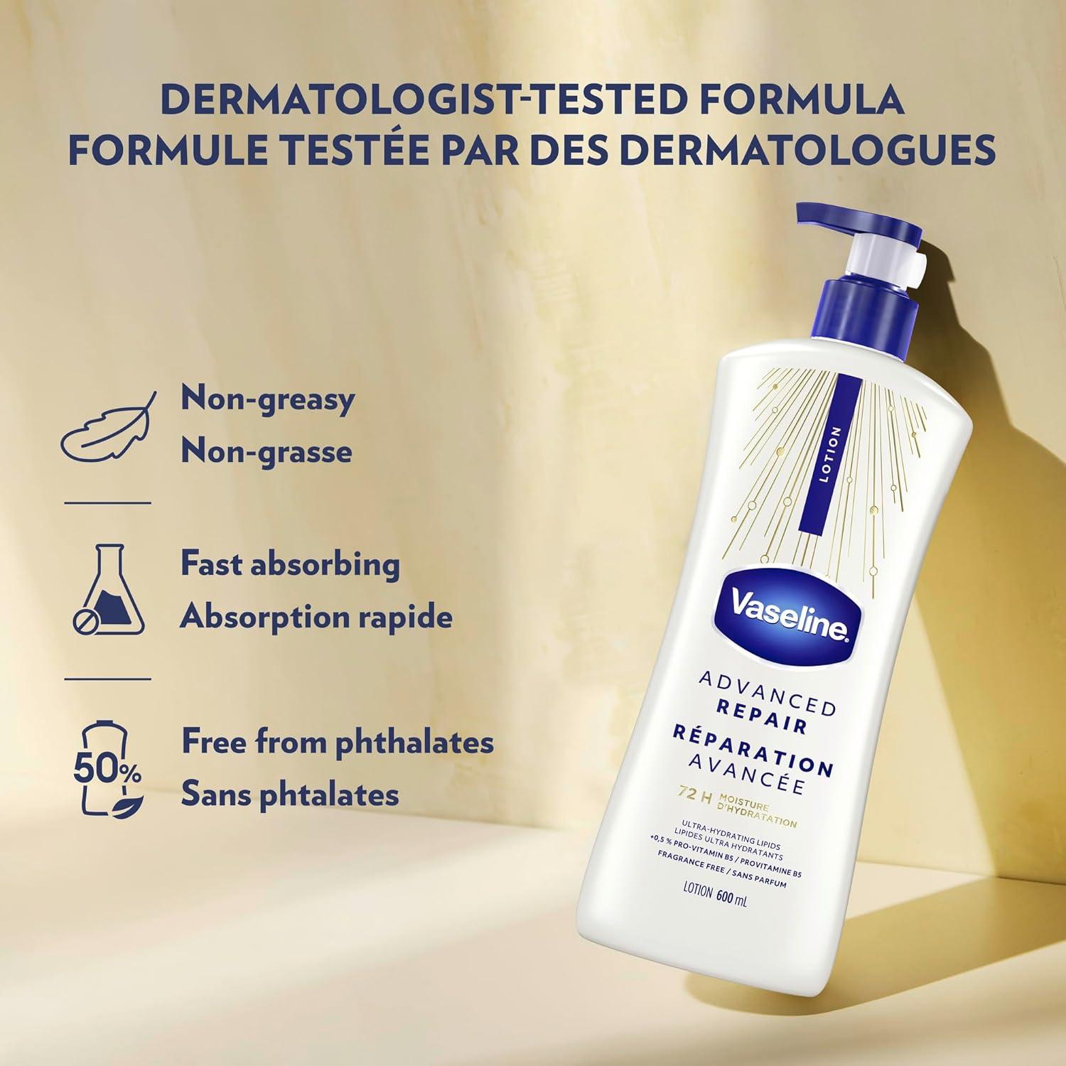 imageVaseline Intensive Care Unscented Advanced Repair Body Lotion UltraHydrating with Lipids for Extremely Dry Skin 203 oz Pack of 3Unscented