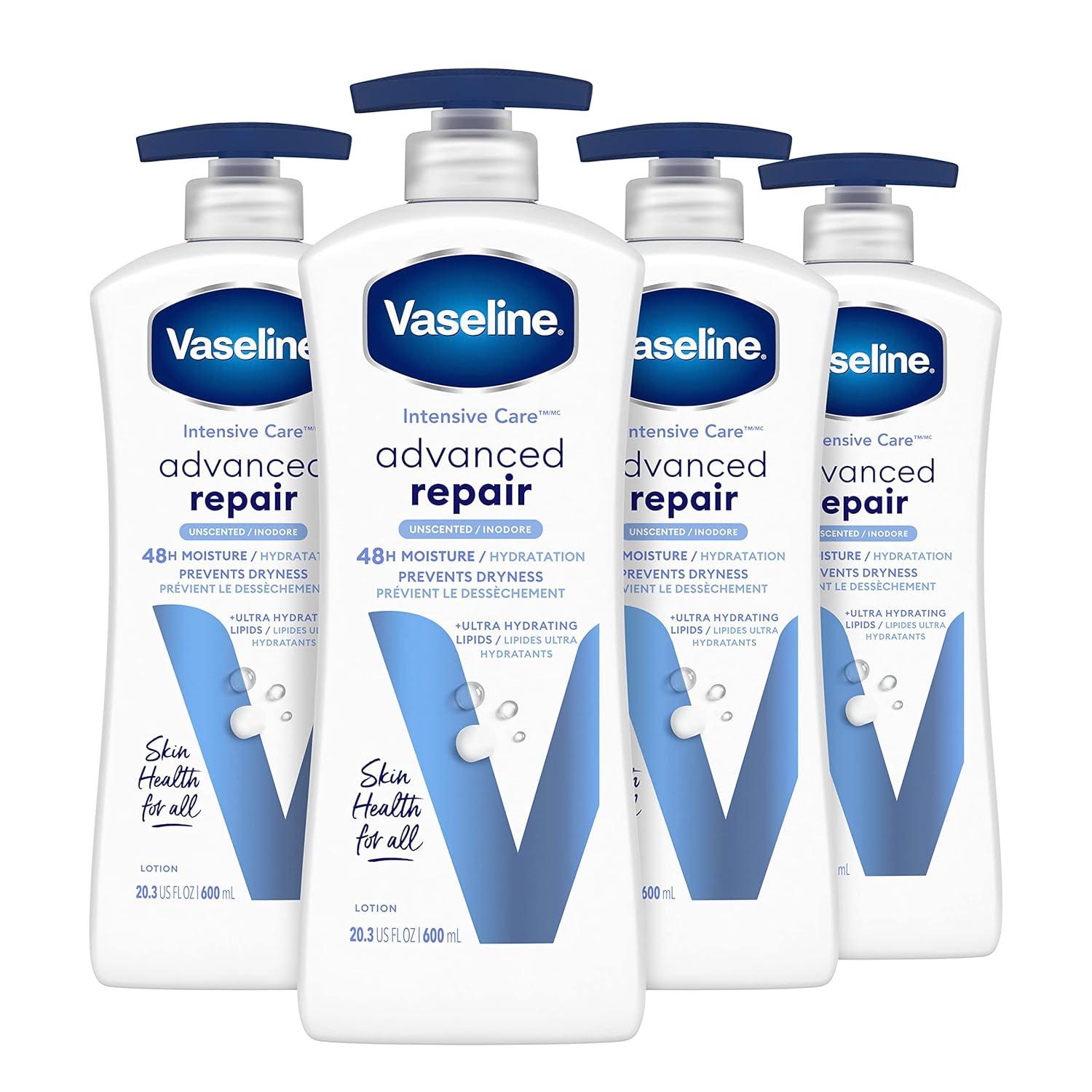 imageVaseline Intensive Care Unscented Advanced Repair Body Lotion UltraHydrating with Lipids for Extremely Dry Skin 203 oz Pack of 3Unscented