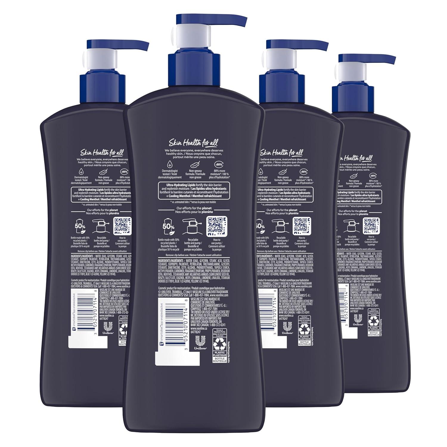 imageVaseline Men Cooling Hydration 3in1 4 Pack for Dry Skin Face Hands amp Body Lotion for Men with Menthol amp UltraHydrating Lipids 203 ozFragranced