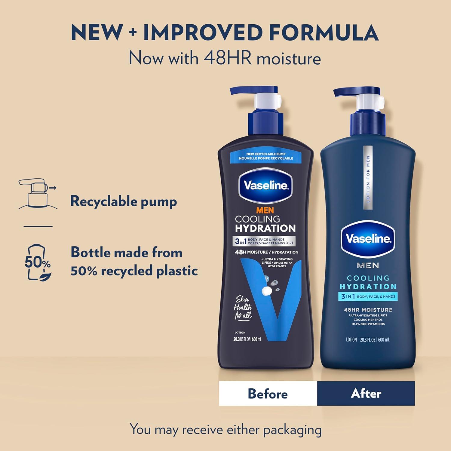 imageVaseline Men Cooling Hydration 3in1 4 Pack for Dry Skin Face Hands amp Body Lotion for Men with Menthol amp UltraHydrating Lipids 203 ozFragranced
