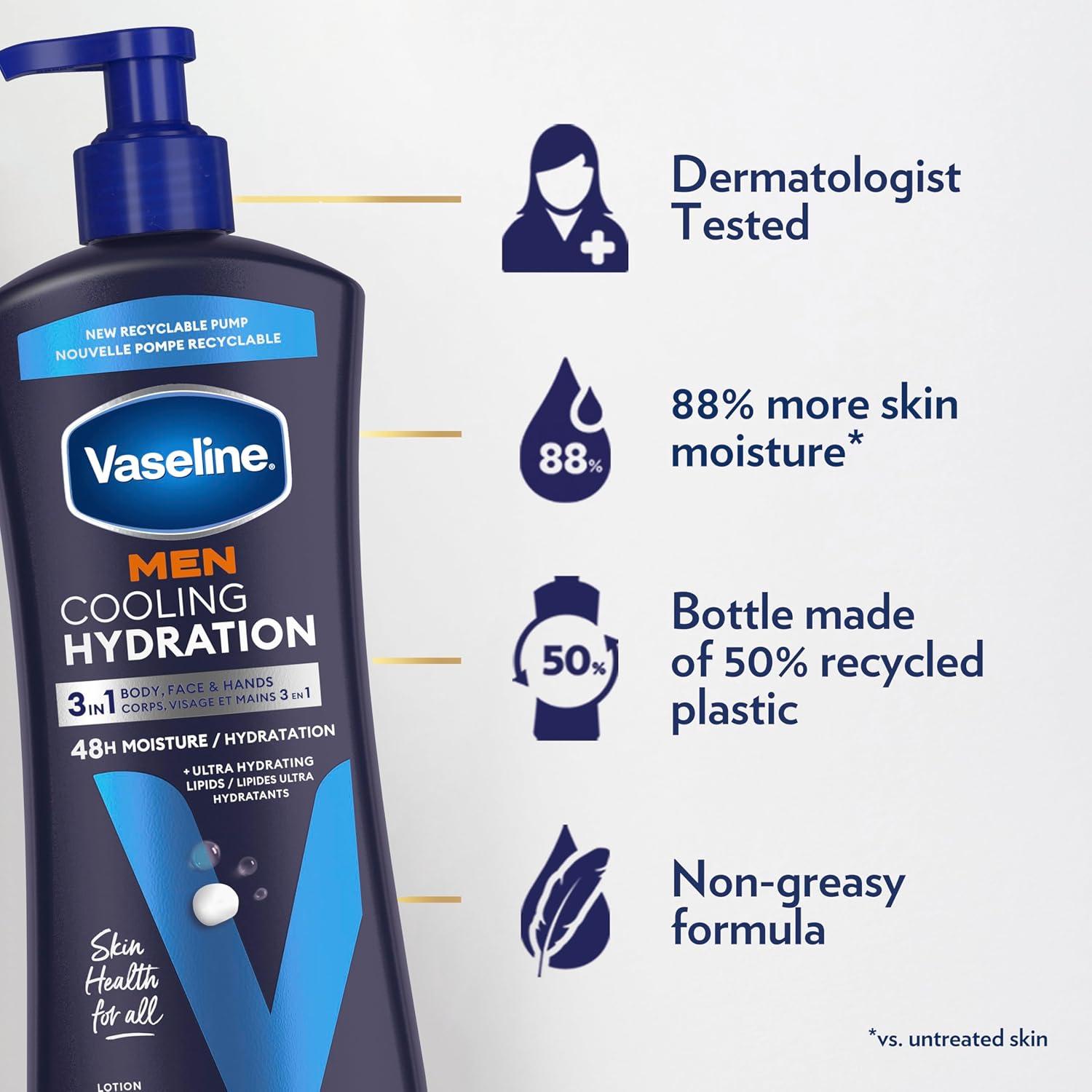 imageVaseline Men Cooling Hydration 3in1 4 Pack for Dry Skin Face Hands amp Body Lotion for Men with Menthol amp UltraHydrating Lipids 203 ozFragranced