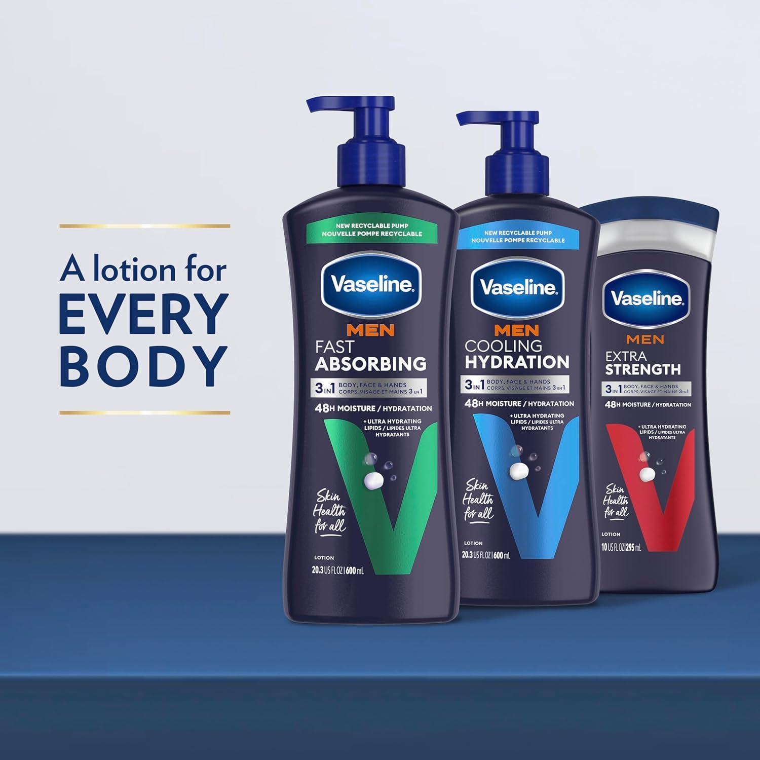 imageVaseline Men Cooling Hydration 3in1 4 Pack for Dry Skin Face Hands amp Body Lotion for Men with Menthol amp UltraHydrating Lipids 203 ozFragranced