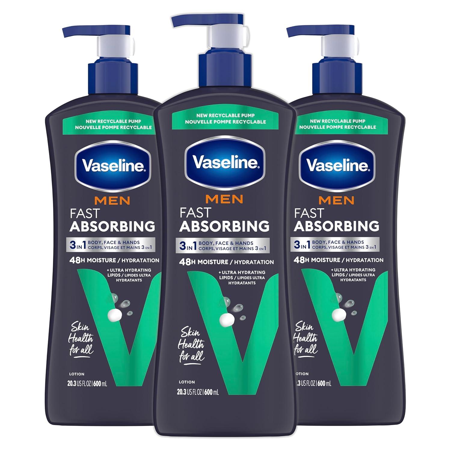 imageVaseline Mens Healing Moisture Hand amp Body Lotion For Dry or Cracked Skin Fast Absorbing NonGreasy Lotion for Men 203 oz Pack of 3203 Fl Oz Pack of 3