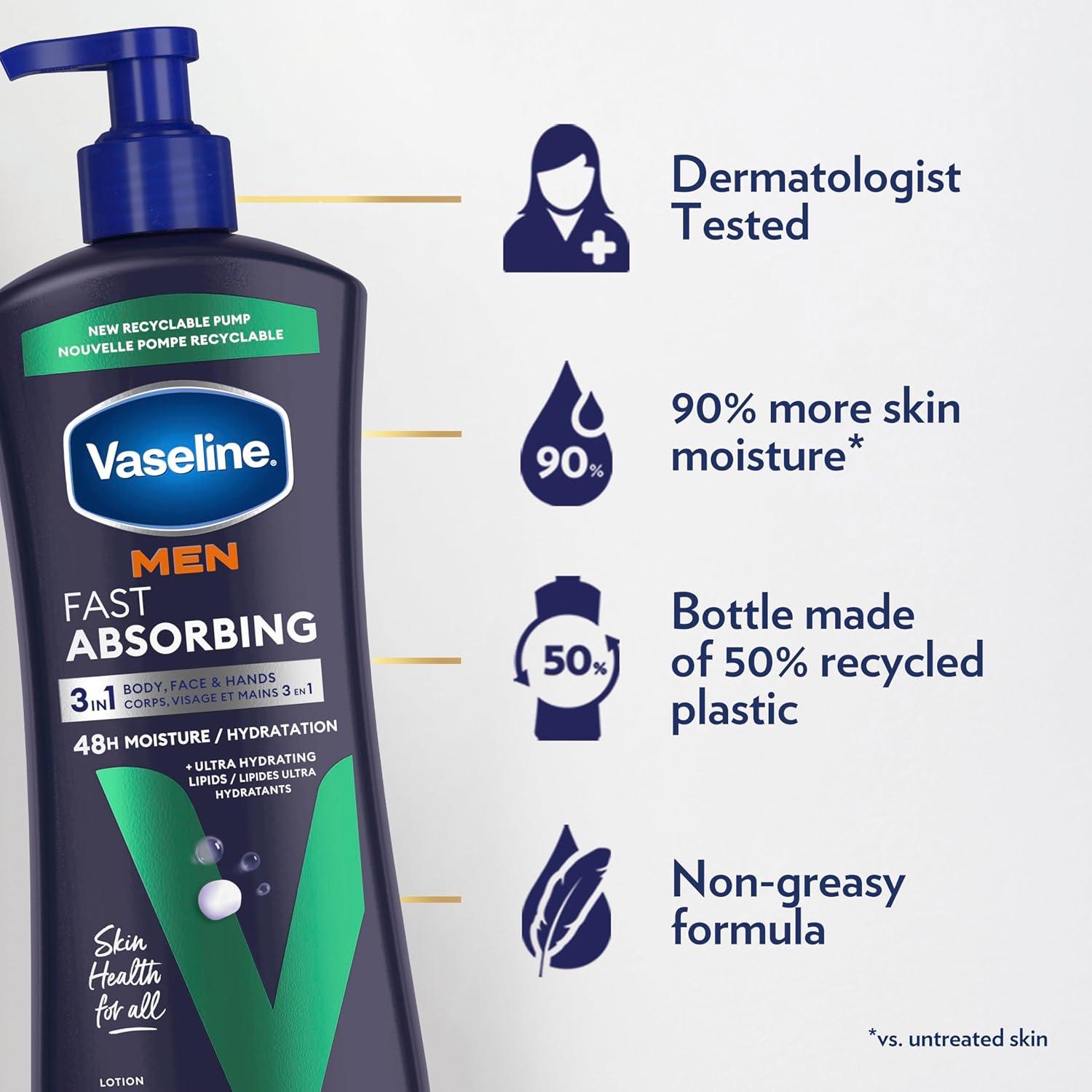 imageVaseline Mens Healing Moisture Hand amp Body Lotion For Dry or Cracked Skin Fast Absorbing NonGreasy Lotion for Men 203 oz Pack of 3203 Fl Oz Pack of 3