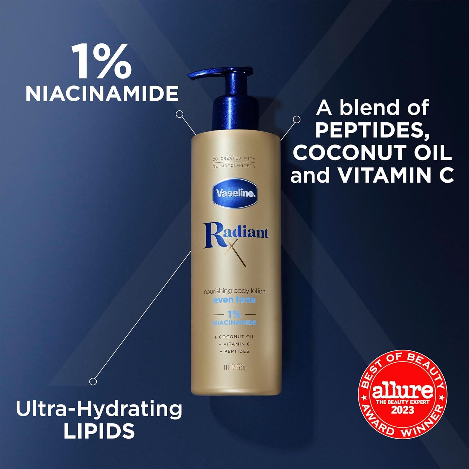 imageVaseline Radiant X Even Tone Nourishing Body Lotion With 1 Niacinamide Coconut Oil Vitamin C amp Peptides 11 ozSkin Moisturizer