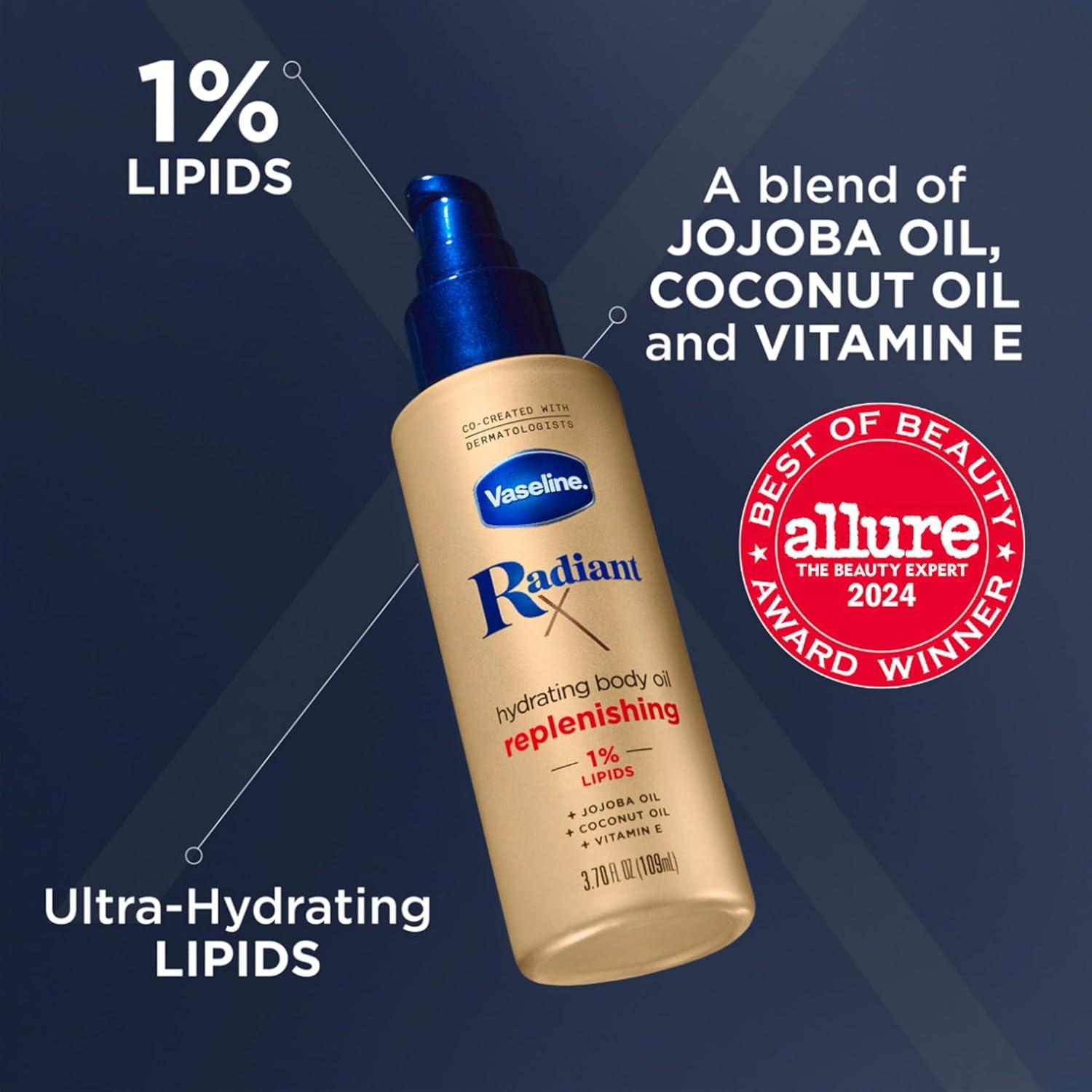 imageVaseline Radiant X Replenishing and Hydrating Body Oil with 1 Lipids Jojoba Oil Coconut Oil amp Vitamin E 37 oz37 Fl Oz Pack of 1