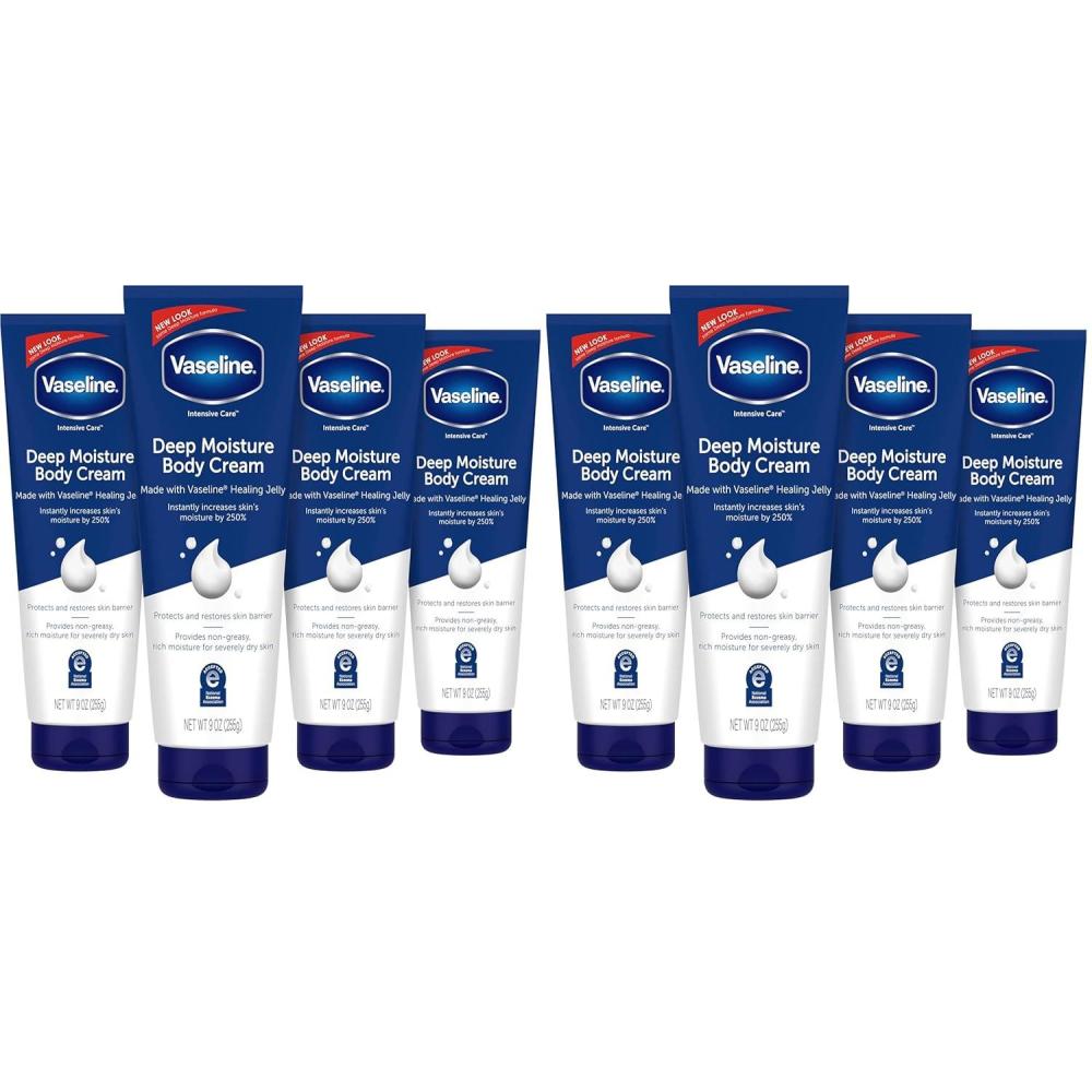 imageVaseline Intensive Care Body Cream Deep Moisture 4 pk with Healing Petroleum Jelly amp Vitamin E Rich amp Smooth for Dry Skin 9 oz9 Ounce Pack of 8