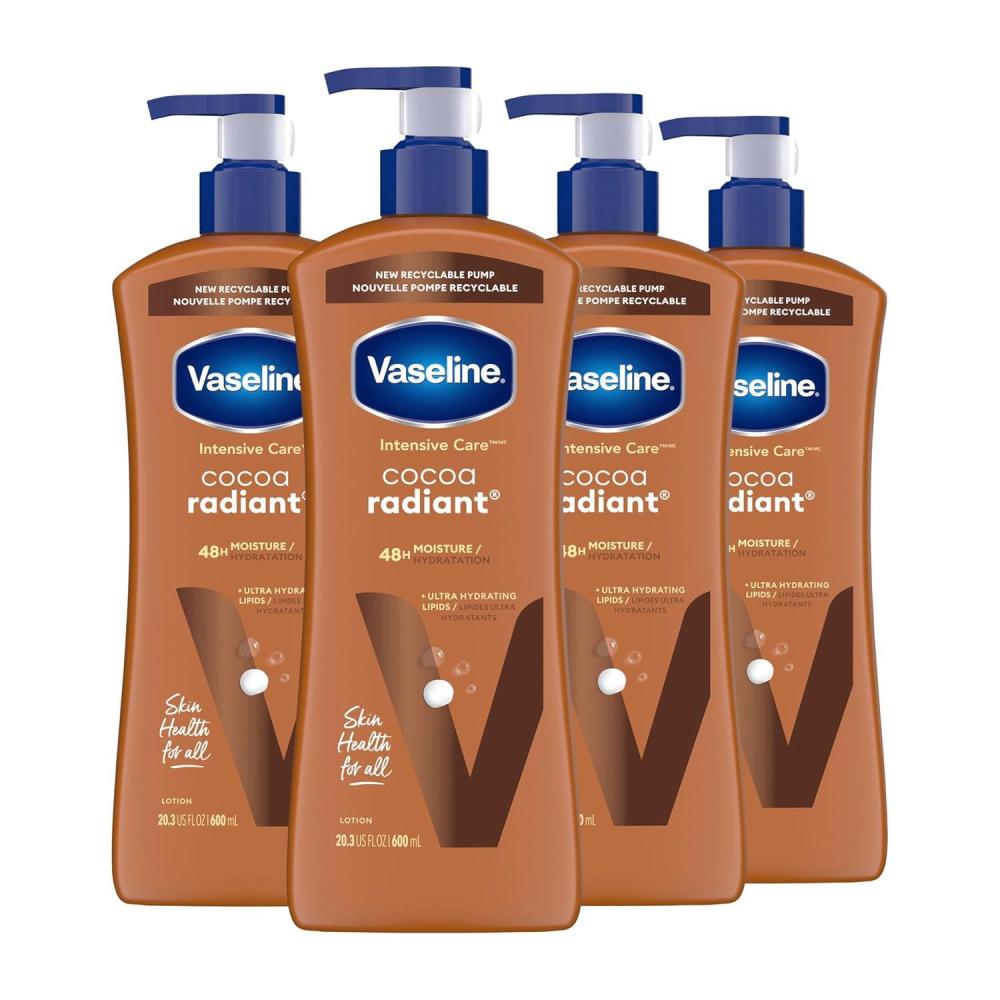 imageVaseline Intensive Care Body Lotion Cocoa Radiant 3 count for Dry Skin Lotion Made with UltraHydrating Lipids and Pure Cocoa Butter for a LongLasting Radiant Glow 203 Oz203 Fl Oz Pack of 4