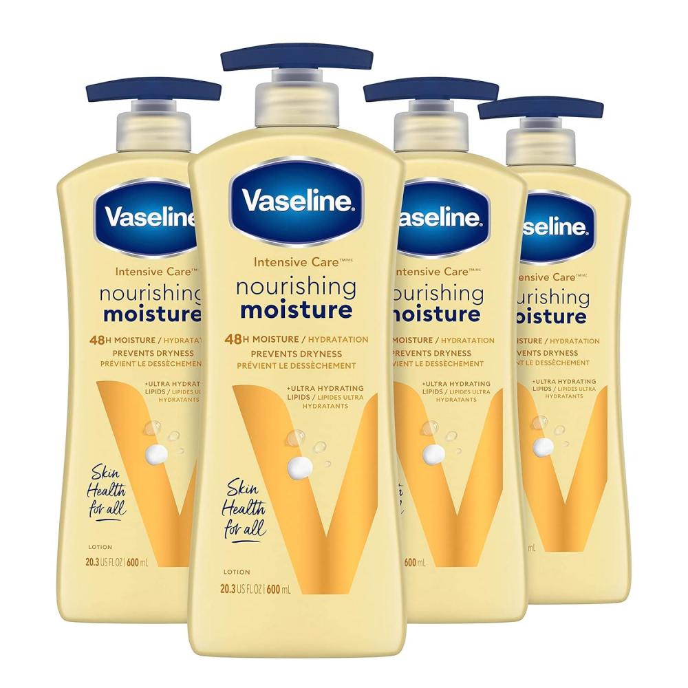 imageVaseline Intensive Care Body Lotion Nourishing Moisture 4 Count for Dry Skin with UltraHydrating Lipids Pure Oat Extract 203 oz203 Fl Oz Pack of 4