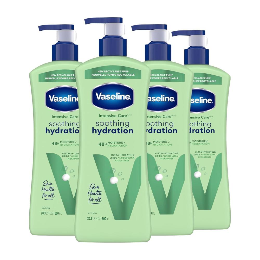 imageVaseline Intensive Care Body Lotion for Dry Skin Soothing Hydration Lotion Made with UltraHydrating Lipids 1 Aloe Vera Extract to Refresh Dehydrated Skin 203 oz Pack of 3 packaging May Vary203 Fl Oz Pack of 4