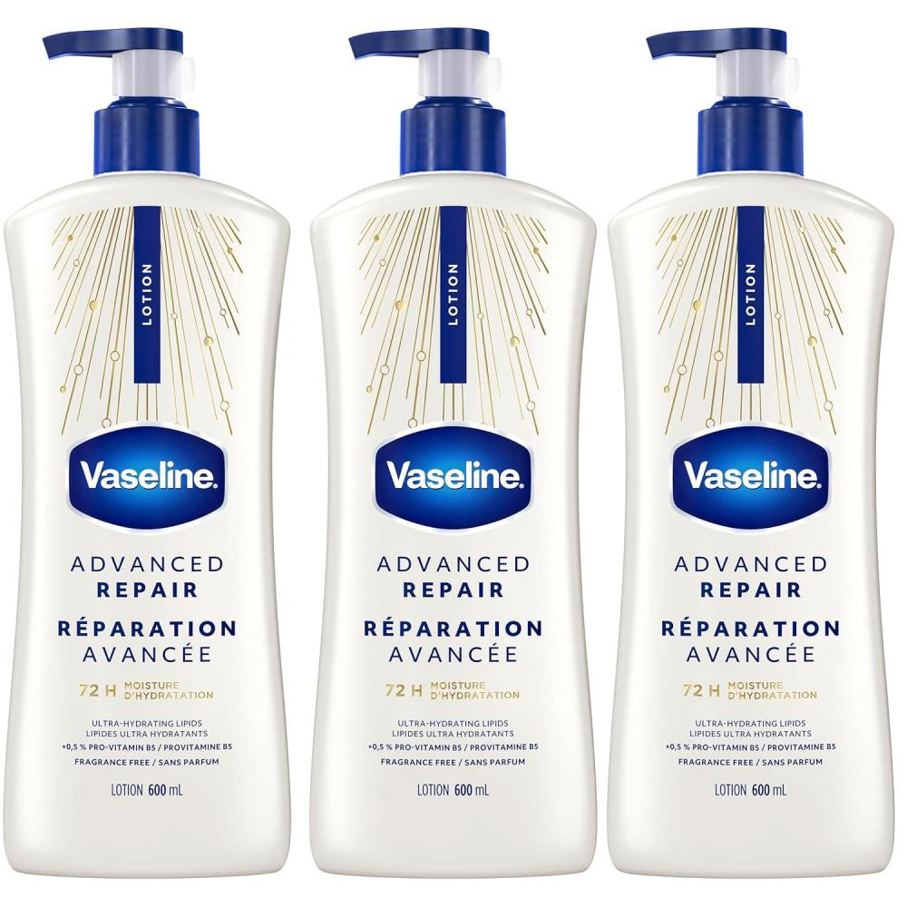 imageVaseline Intensive Care Unscented Advanced Repair Body Lotion UltraHydrating with Lipids for Extremely Dry Skin 203 oz Pack of 3Unscented