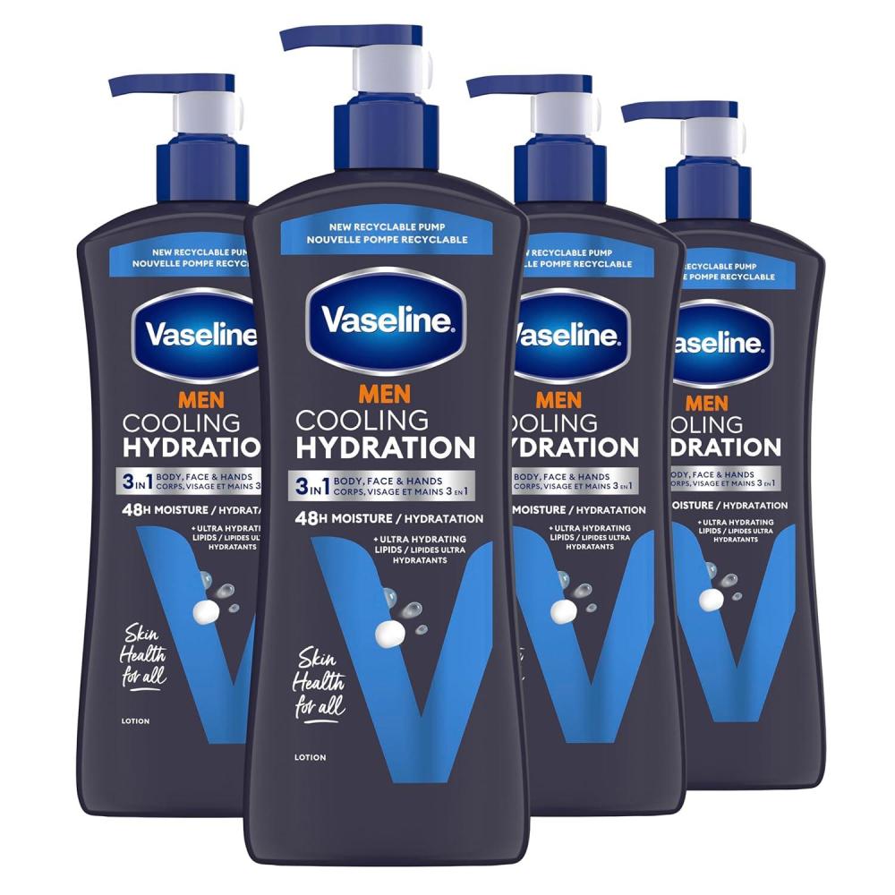 imageVaseline Men Cooling Hydration 3in1 4 Pack for Dry Skin Face Hands amp Body Lotion for Men with Menthol amp UltraHydrating Lipids 203 ozFragranced