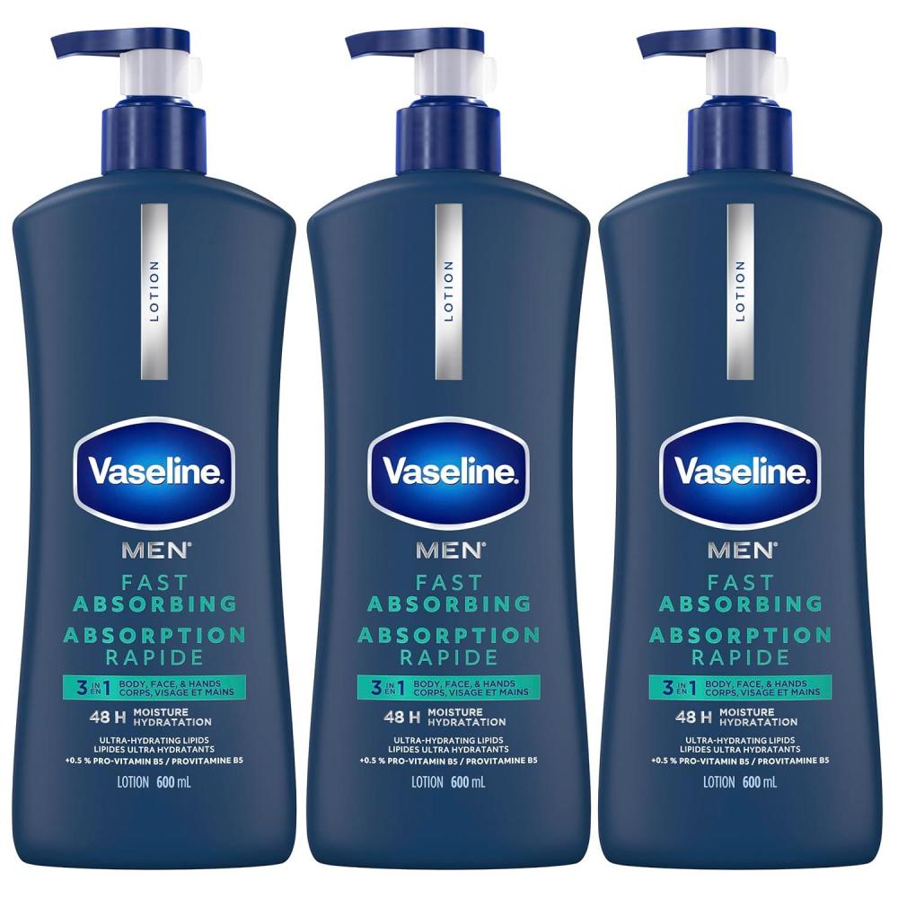 imageVaseline Mens Healing Moisture Hand amp Body Lotion For Dry or Cracked Skin Fast Absorbing NonGreasy Lotion for Men 203 oz Pack of 3203 Fl Oz Pack of 3